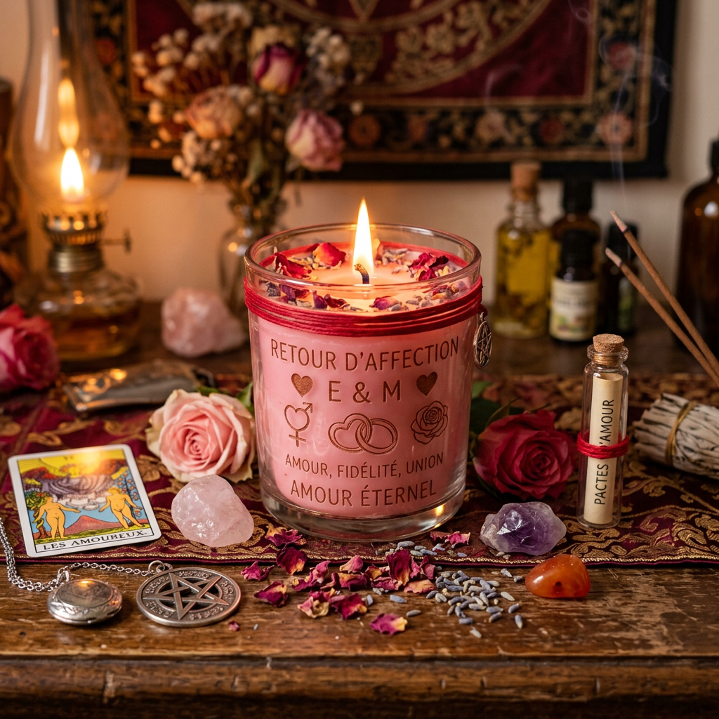 Pink candle labeled for eternal love surrounded by roses, crystals, incense, and tarot card