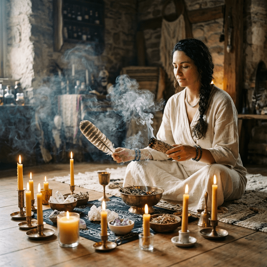 Woman holding smudge stick and feather performing smudging ritual with candles and crystals